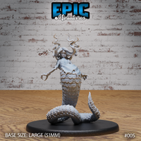 Lamia miniature by Epic Miniatures viewed from behind — heavily scaled serpent tail and coiled body dominate the lower half, loose fabric draped across the torso, wild snake-entwined hair billowing upward, elongated clawed hands visible at the sides.