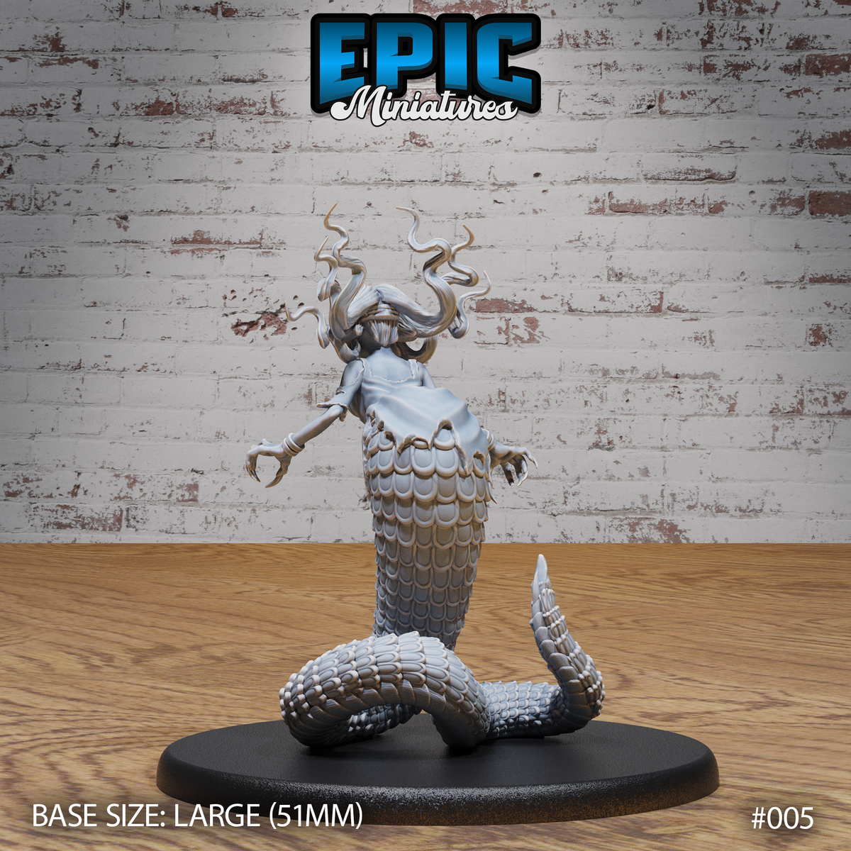 Lamia miniature by Epic Miniatures viewed from behind — heavily scaled serpent tail and coiled body dominate the lower half, loose fabric draped across the torso, wild snake-entwined hair billowing upward, elongated clawed hands visible at the sides.