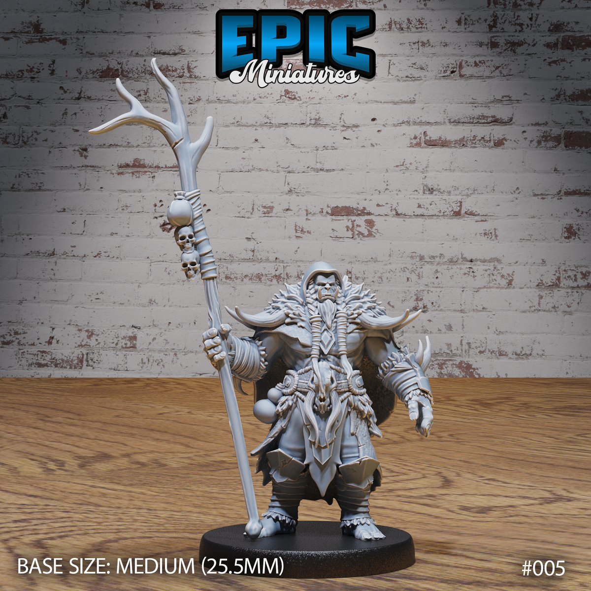 Stocky orc shaman gripping a tall antler staff wrapped in bone fetishes and skulls, wearing layered hide armour with a beast-skull pauldron, one hand raised in invocation. Sculpt by Epic Miniatures.