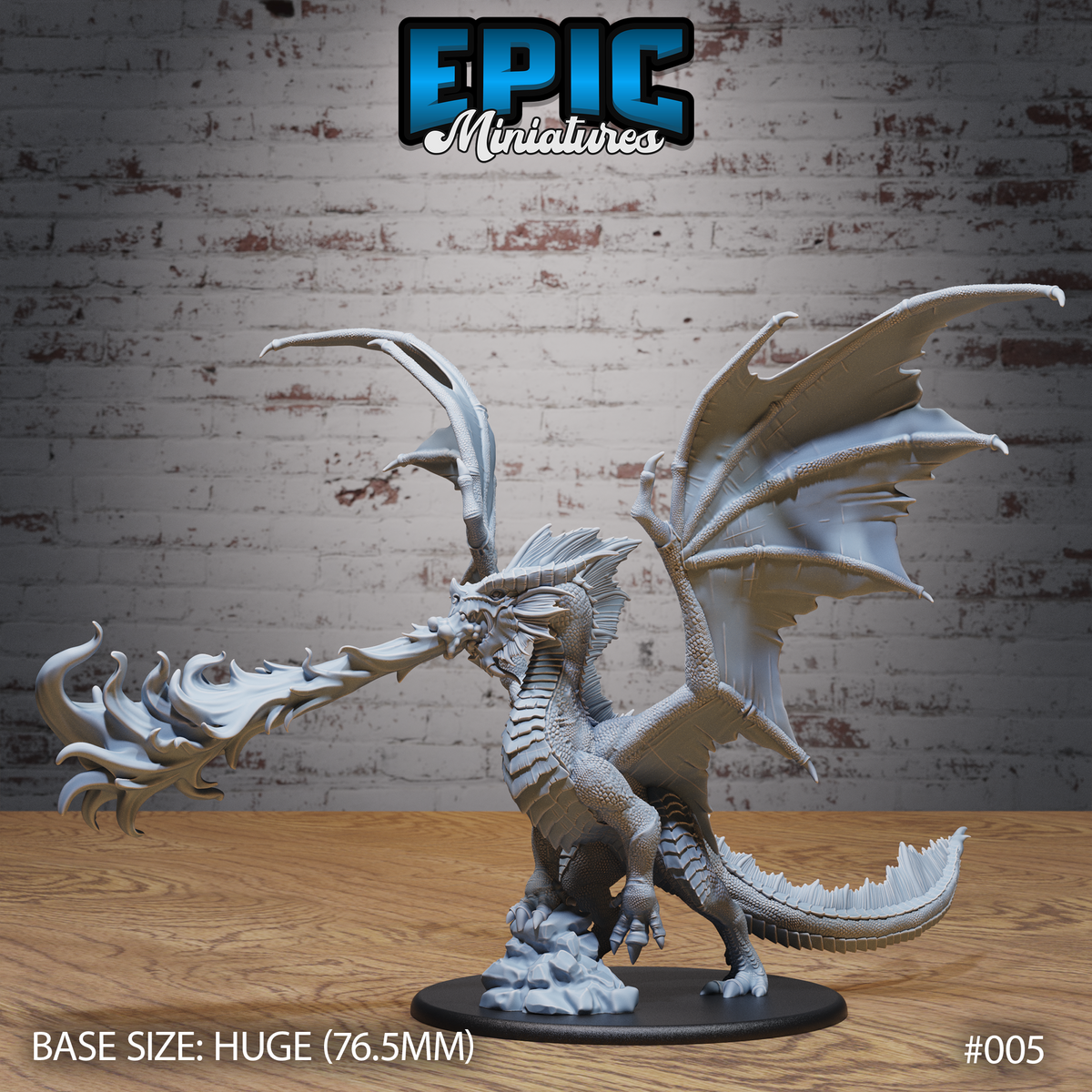 Adult red dragon rearing upright on hind legs, jaws open wide with a large sculpted flame blast erupting forward, wings partially raised, detailed scales and dorsal spines visible, plain round base. Sculpt by Epic Miniatures.