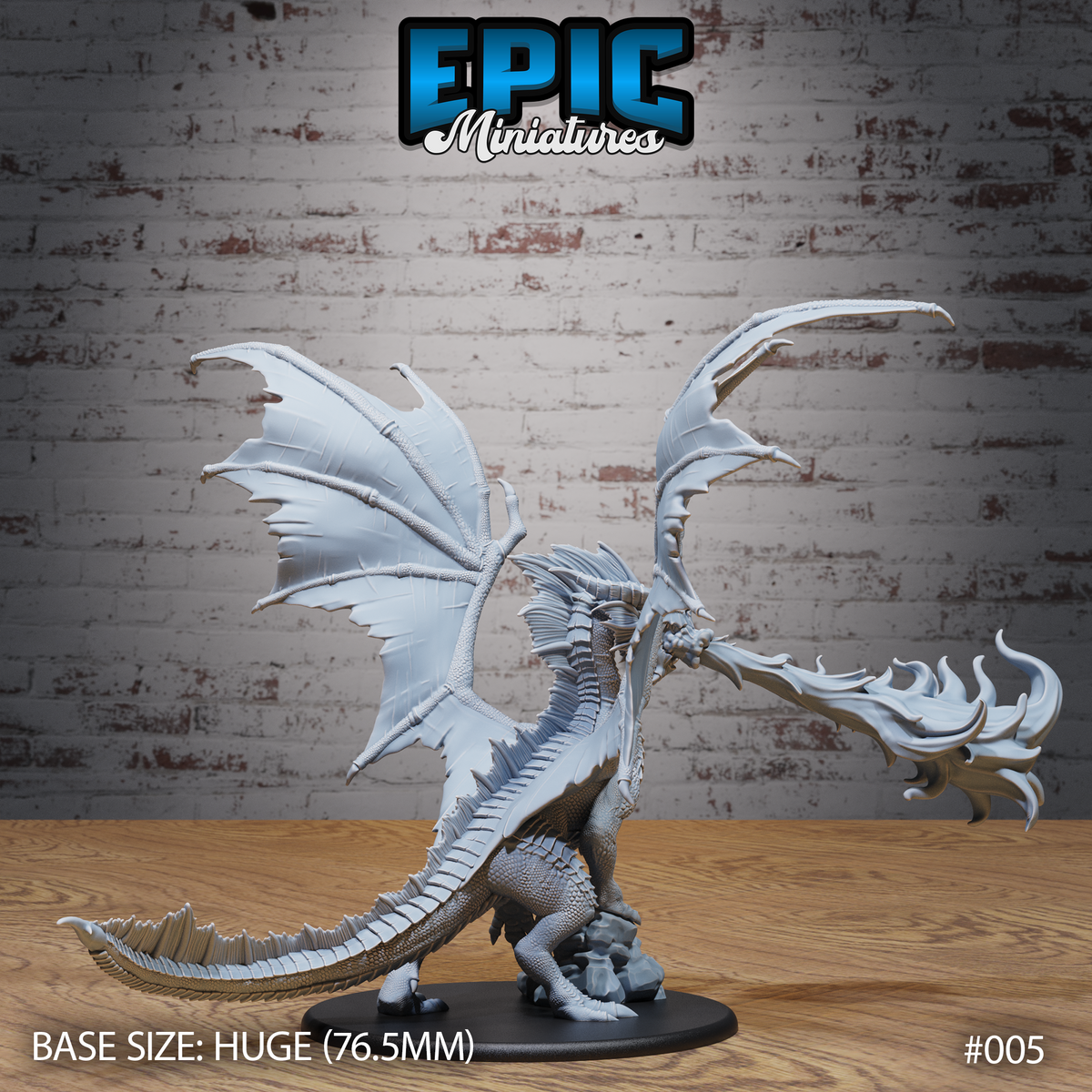 Adult red dragon in upright pose viewed from behind, both wings fully spread showing detailed membrane and hooked finger-bones, spiked tail sweeping low, flame breath visible extending from the jaws. Sculpt by Epic Miniatures.