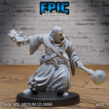 Bald, scarred sorcerer in heavily sigil-covered robes, mouth open in a snarl, left hand wreathed in conjured flame, right hand trailing a faceted crystal-headed staff. Sculpt by Epic Miniatures.