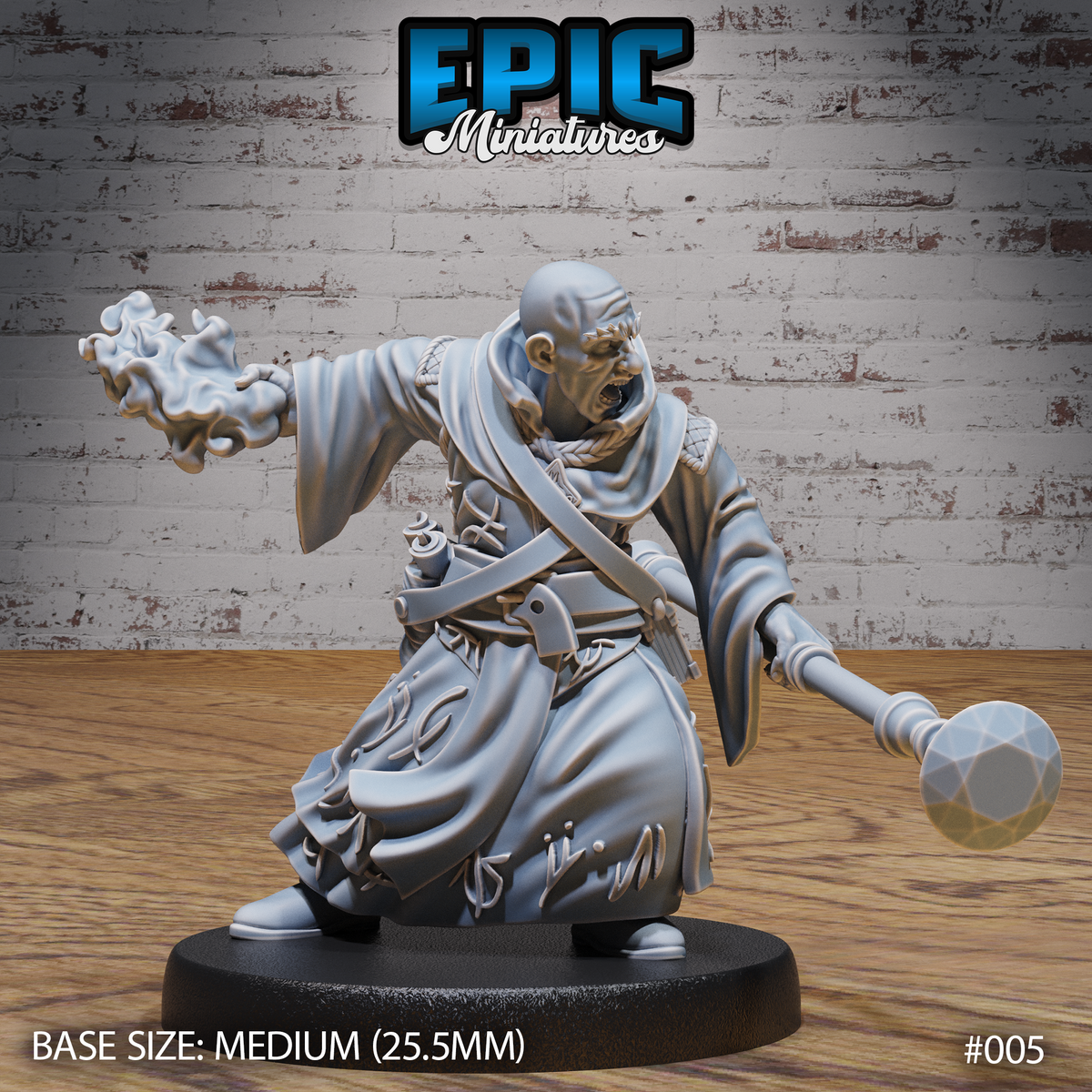 Bald, scarred sorcerer in heavily sigil-covered robes, mouth open in a snarl, left hand wreathed in conjured flame, right hand trailing a faceted crystal-headed staff. Sculpt by Epic Miniatures.