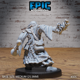 Sorcerer miniature seen from behind, showing braided rope across back, belt satchel and pouches, scroll case, and spell flame extended from outstretched right hand. Sculpt by Epic Miniatures.