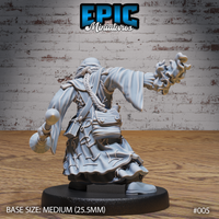 Sorcerer miniature seen from behind, showing braided rope across back, belt satchel and pouches, scroll case, and spell flame extended from outstretched right hand. Sculpt by Epic Miniatures.