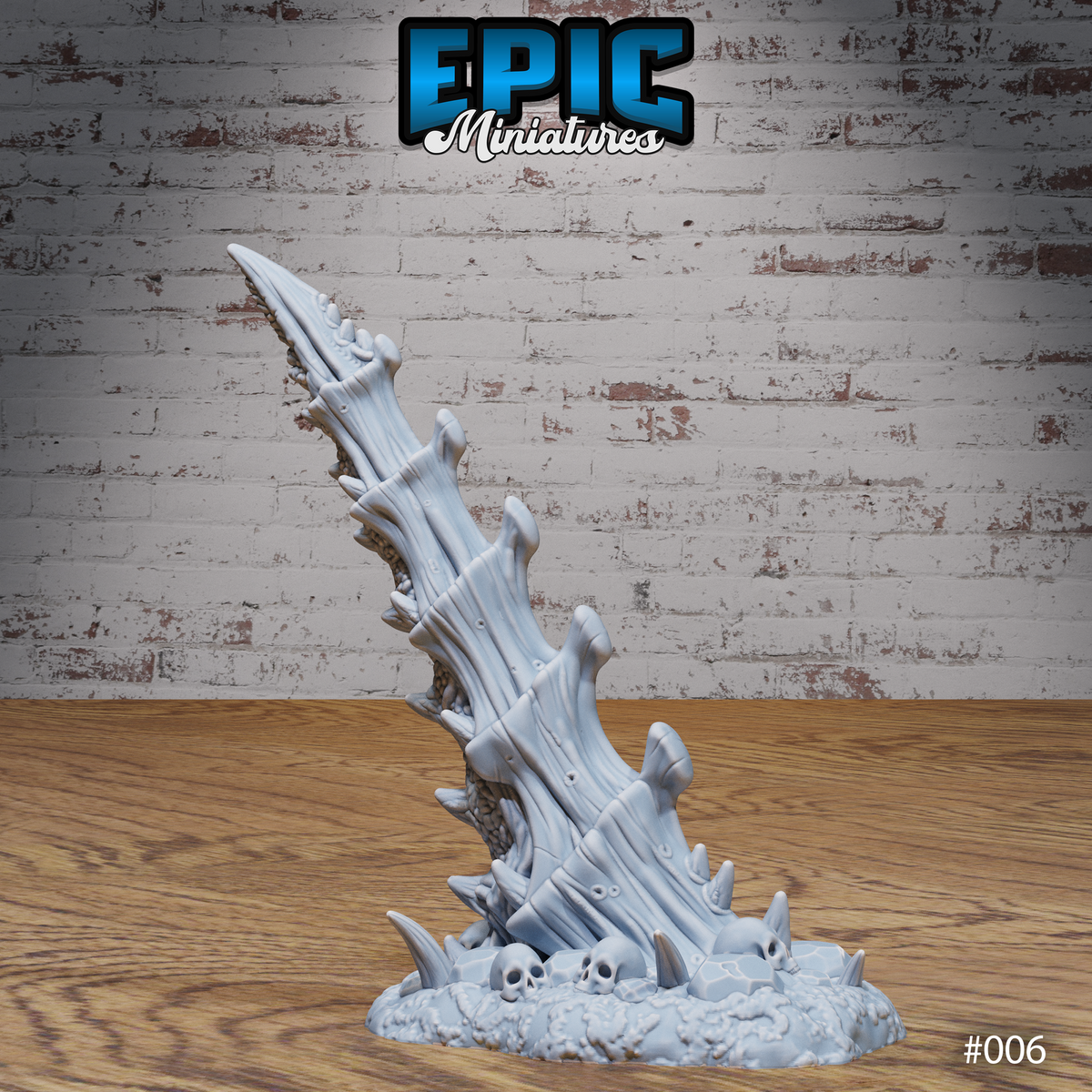 A single bone spike terrain piece viewed from a slightly lower angle, showing the full height of the twisted fused bone columns and the cluster of shard growths at the base, with skulls embedded in the rubble. Sculpt by Epic Miniatures.