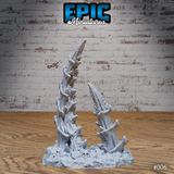 A single tall bone spike terrain piece, viewed from a mid-height angle emphasising the ridged, organic texture of the fused bone columns and the scattered skull fragments around the base. Sculpt by Epic Miniatures.