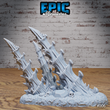 A bone spike terrain piece shown from close range, highlighting the deeply textured surface of the twisted bone columns, individual knobs and ridges, and the detail of the skull-covered rubble base. Sculpt by Epic Miniatures.