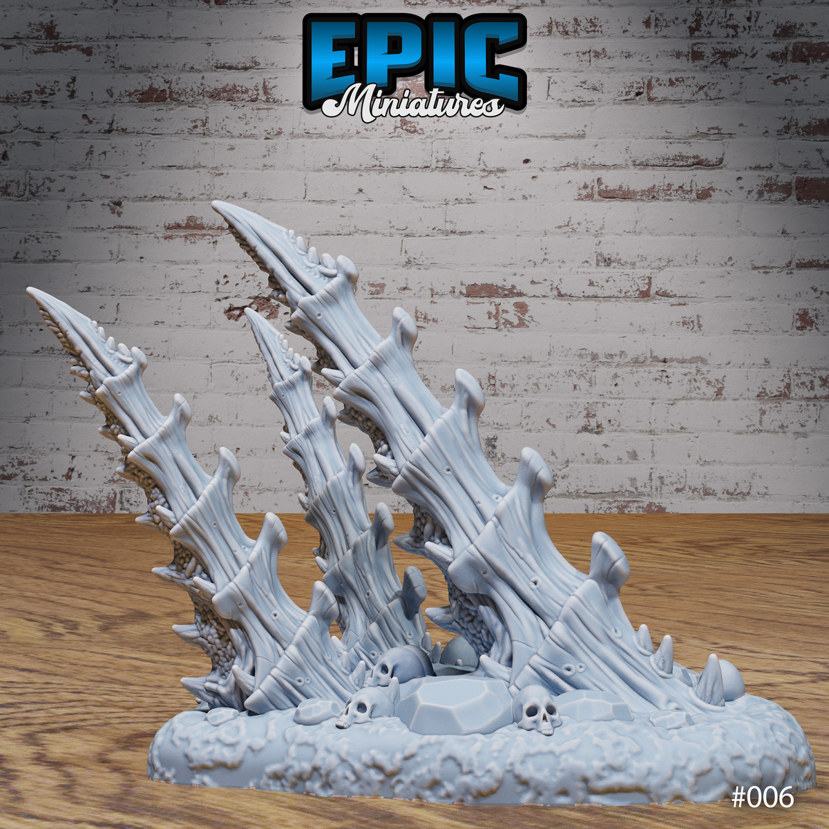 A bone spike terrain piece shown from close range, highlighting the deeply textured surface of the twisted bone columns, individual knobs and ridges, and the detail of the skull-covered rubble base. Sculpt by Epic Miniatures.