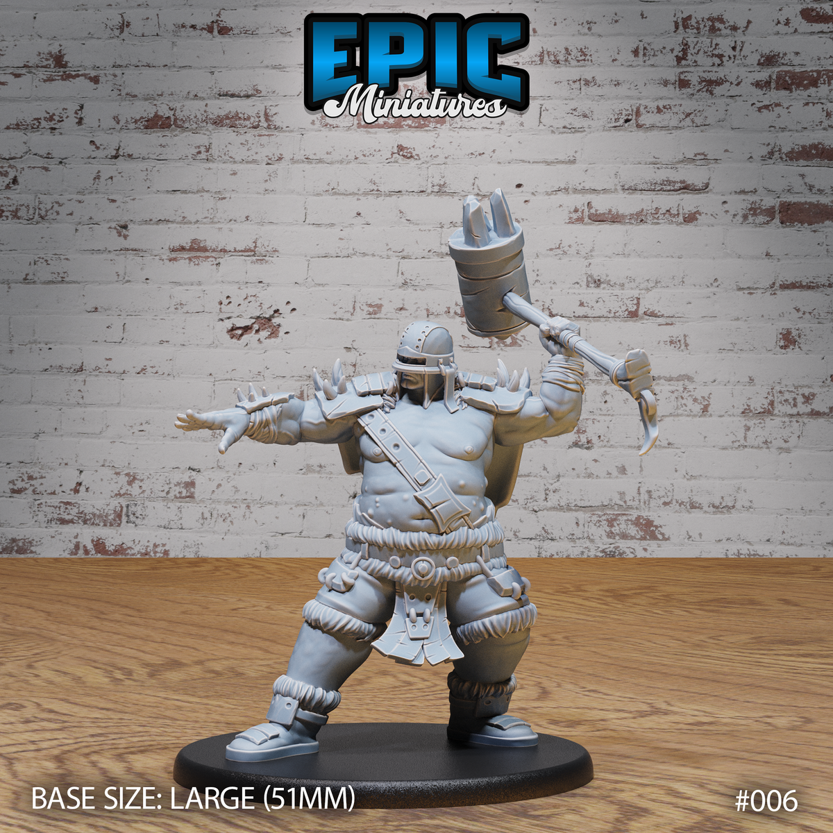Broad-chested hill giant raising a large cylindrical maul overhead with one arm, the other arm extended forward, wearing a riveted helmet, spiked pauldrons, rope-bound leather armour, and fur-trimmed boots. Sculpt by Epic Miniatures.