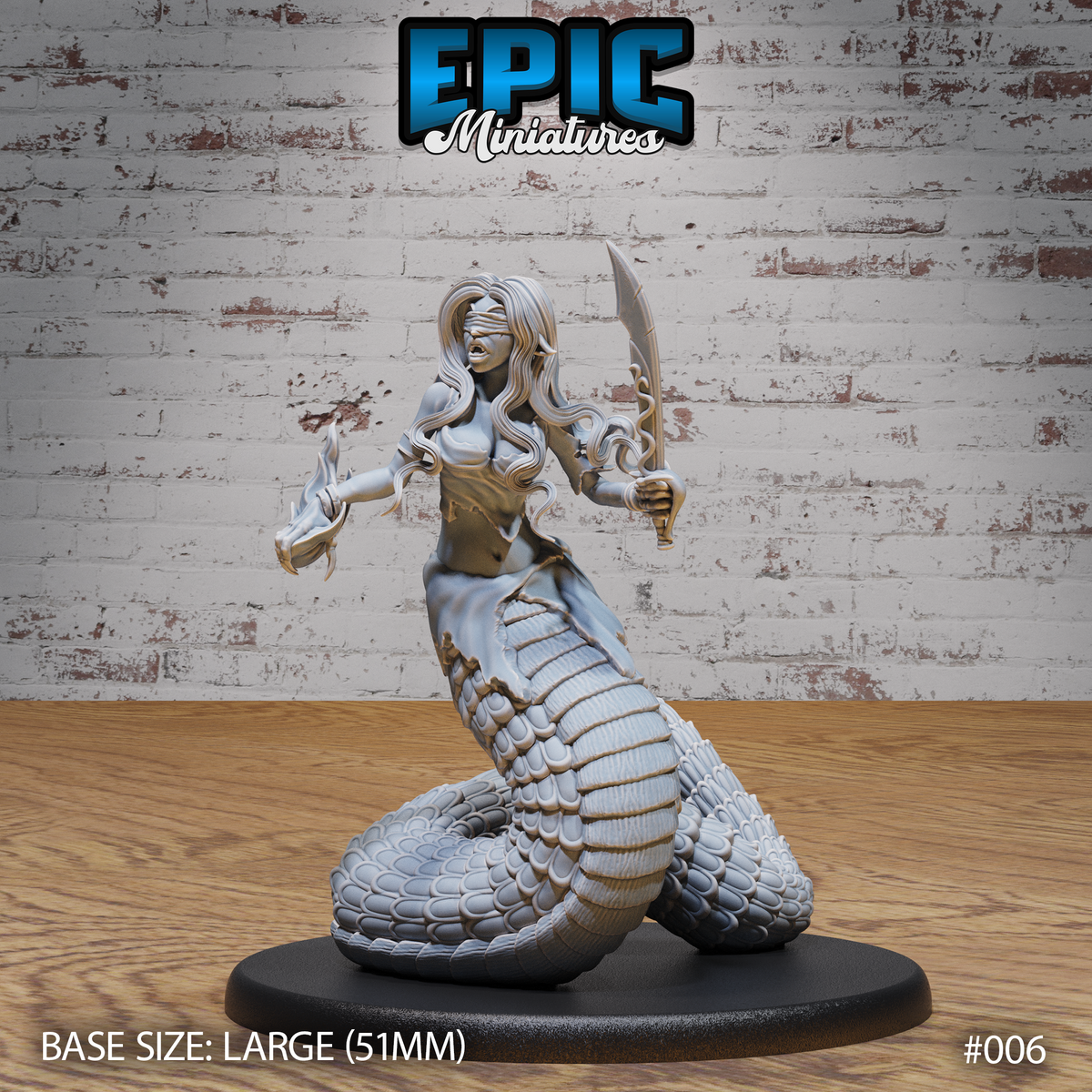Lamia miniature by Epic Miniatures — blindfolded female upper body raised above thick serpent coils, curved sword thrust forward in right hand, magical flame conjured in left, mouth open, long flowing hair, on a large oval base.