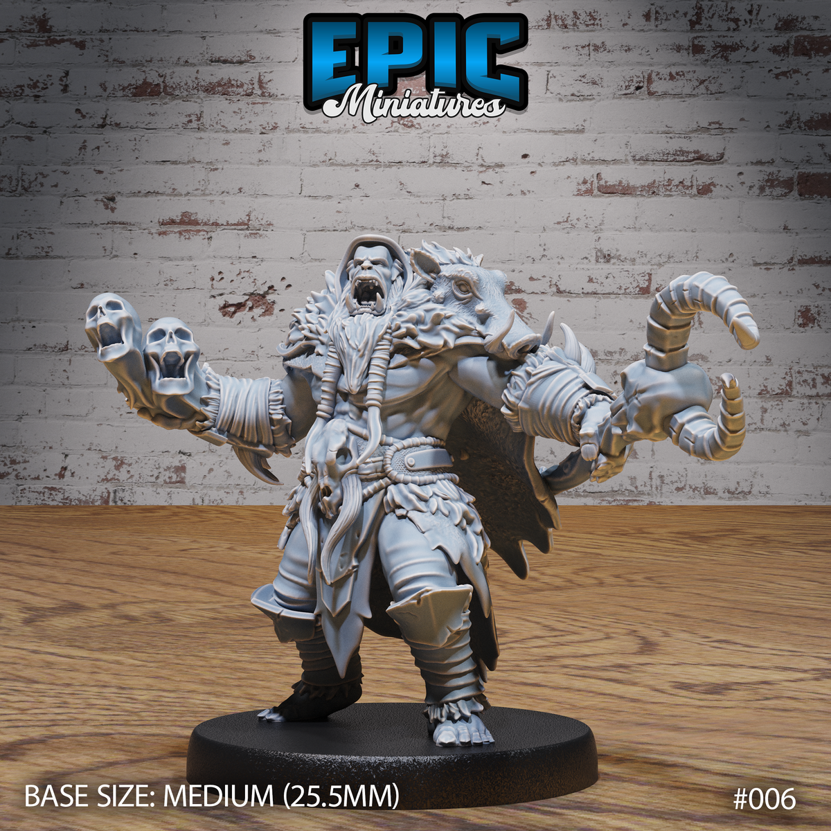 Broad-shouldered orc shaman roaring with mouth wide open, raising a cluster of small skulls in one fist, opposite arm bound with a large scorpion claw. Heavy shaggy fur mantle, layered cloth robes, cord-wrapped limbs, and bone fetishes at the belt. Sculpt by Epic Miniatures.