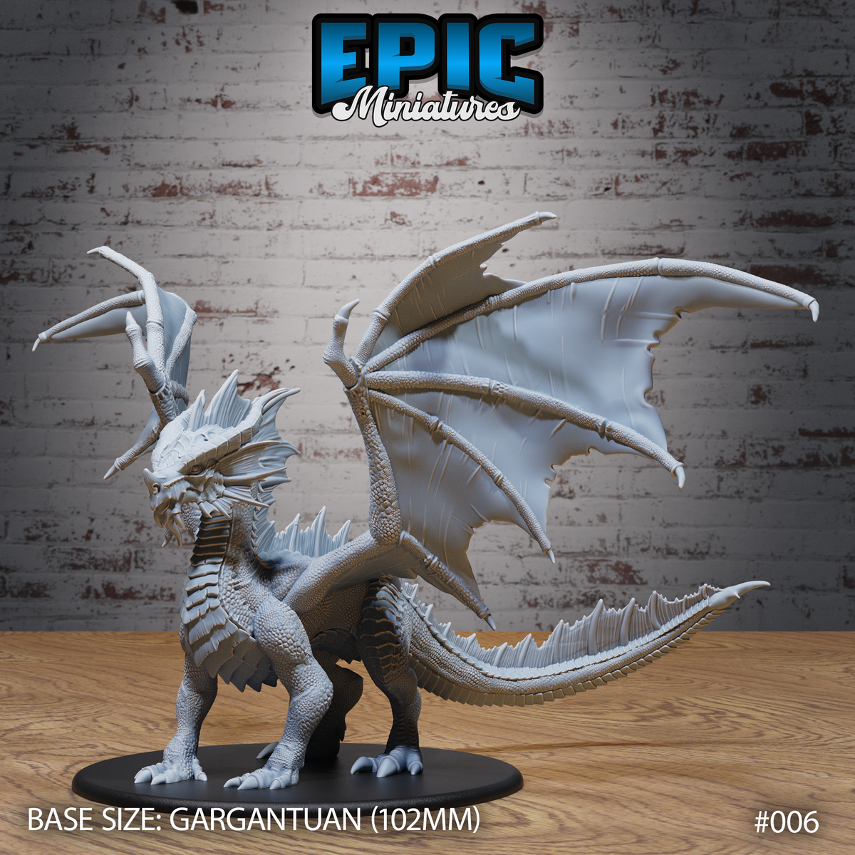 Ancient Red Dragon miniature by Epic Miniatures, standing upright on haunches with wings fully spread, serrated tail sweeping outward, horned and frilled head raised in a commanding pose. On a 102mm round base.