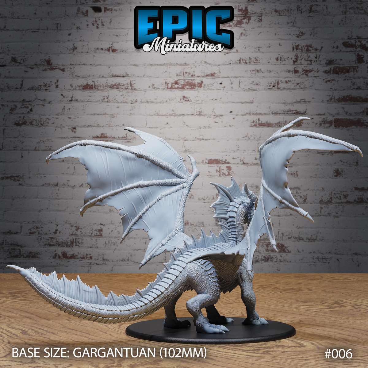 Ancient Red Dragon miniature by Epic Miniatures viewed from behind, showing the full span of the wing membranes and detailed vein structure, serrated dorsal crest running the length of the tail, on a 102mm round base.
