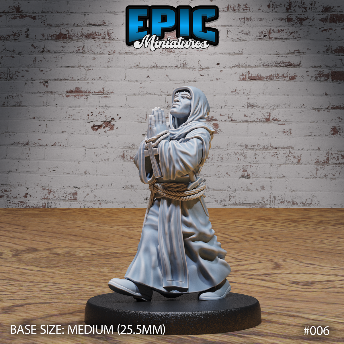 Hooded robed figure, hands pressed together in prayer, gazing upward with an intense expression, holding a tome to his chest, rope belt cinched at waist. Sculpt by Epic Miniatures.
