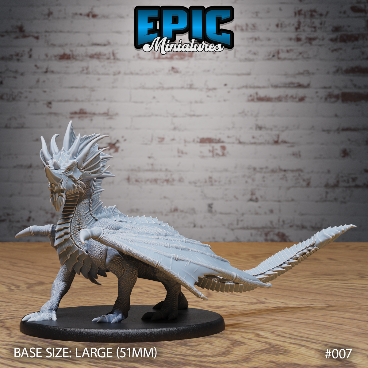 Young Blue Dragon by Epic Miniatures — ground-stalking pose with wings swept low and wide, dramatic multi-spined dorsal crest fanned from crown to neck, long serrated tail, on a 51mm round base.