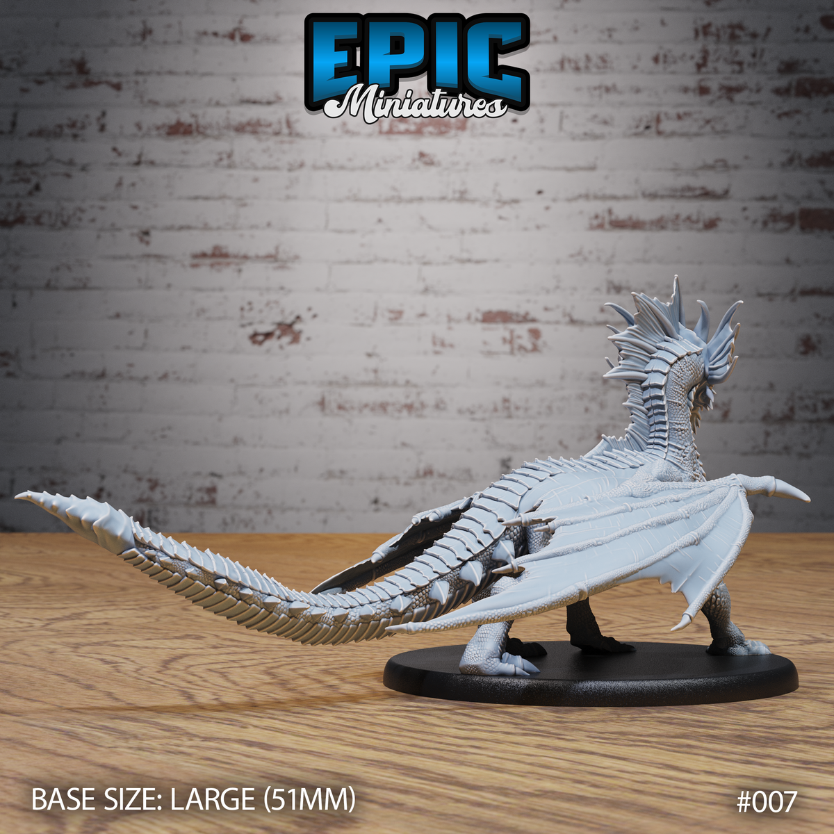 Young Blue Dragon by Epic Miniatures — view from behind showing the full length of the serrated finned tail, overlapping dorsal spines along the spine, and broad swept wing membranes, on a 51mm round base.