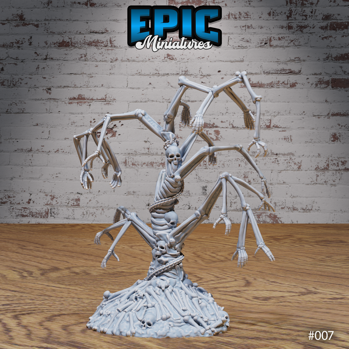 Front-facing Bone Tree miniature — a towering column of fused skeletons with multiple branching arms ending in splayed hands, a skull visible at centre, rising from a base of compacted bones and skulls. Sculpt by Epic Miniatures.