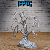 Bone Tree miniature seen from a lower angle — the branching skeletal arms spread wide above a fused vertebral trunk, with grasping multi-fingered hands at each tip and a dense scatter of bones forming the base. Sculpt by Epic Miniatures.