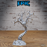 Slender variant of the Bone Tree miniature — a twisting spinal column forms the trunk, topped with a snarling skull and radiating finger-bone branches, rising from a chaotic pile of loose bones at the base. Sculpt by Epic Miniatures.