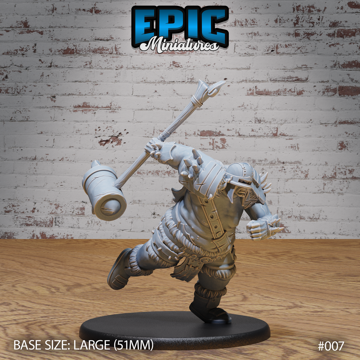 Heavily armoured hill giant in a charging pose, one leg raised mid-stride, swinging a long-hafted maul overhead. Spiked pauldrons, banded chest armour, and a close helm. Sculpt by Epic Miniatures.