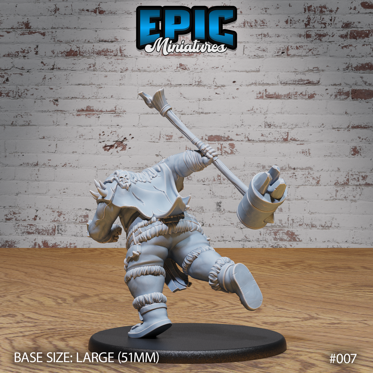 Hill giant seen from behind mid-charge, maul raised and one foot lifted, showing rope-wrapped leg bindings, studded back armour, and a fur-trimmed cape edge. Sculpt by Epic Miniatures.