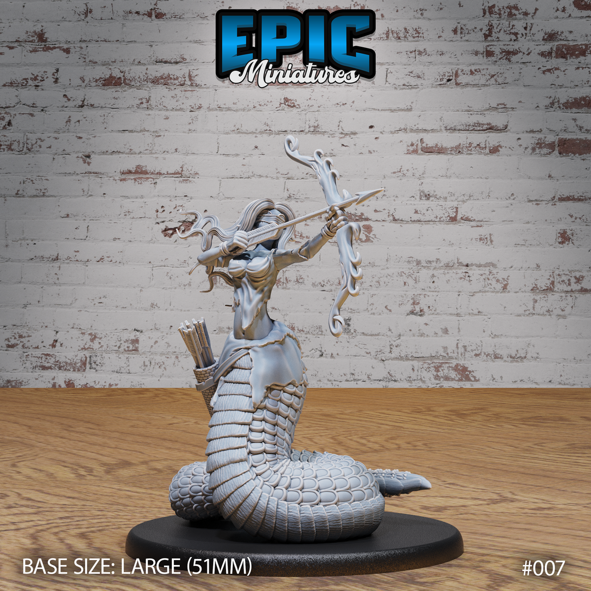 Lamia archer miniature by Epic Miniatures, coiled serpent lower body with heavily scaled texture, upper body raised drawing a bow, long hair and ribbon tendrils flowing outward, quiver of arrows at hip.