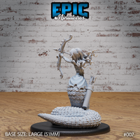 Lamia archer miniature by Epic Miniatures seen from behind, thick serpentine coils covering the base, flowing long hair cascading down the back, bow drawn overhead with trailing ornamental tendrils, quiver mounted at the hip.