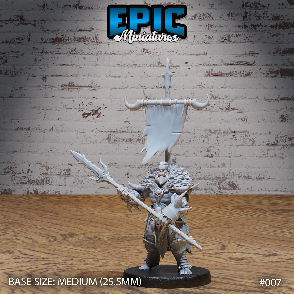 Heavily built orc warrior gripping a barbed spear in one hand and a towering war banner in the other, wearing layered fur, bone armour, and a skull shoulder guard. Sculpt by Epic Miniatures.