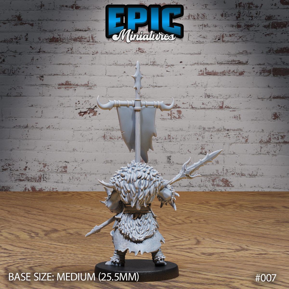 Orc bannerman viewed from behind, showing a massive wild mane of hair, layered fur mantle, and the tall war-standard rising above him with a tattered cloth banner and spiked blade tip. Sculpt by Epic Miniatures.