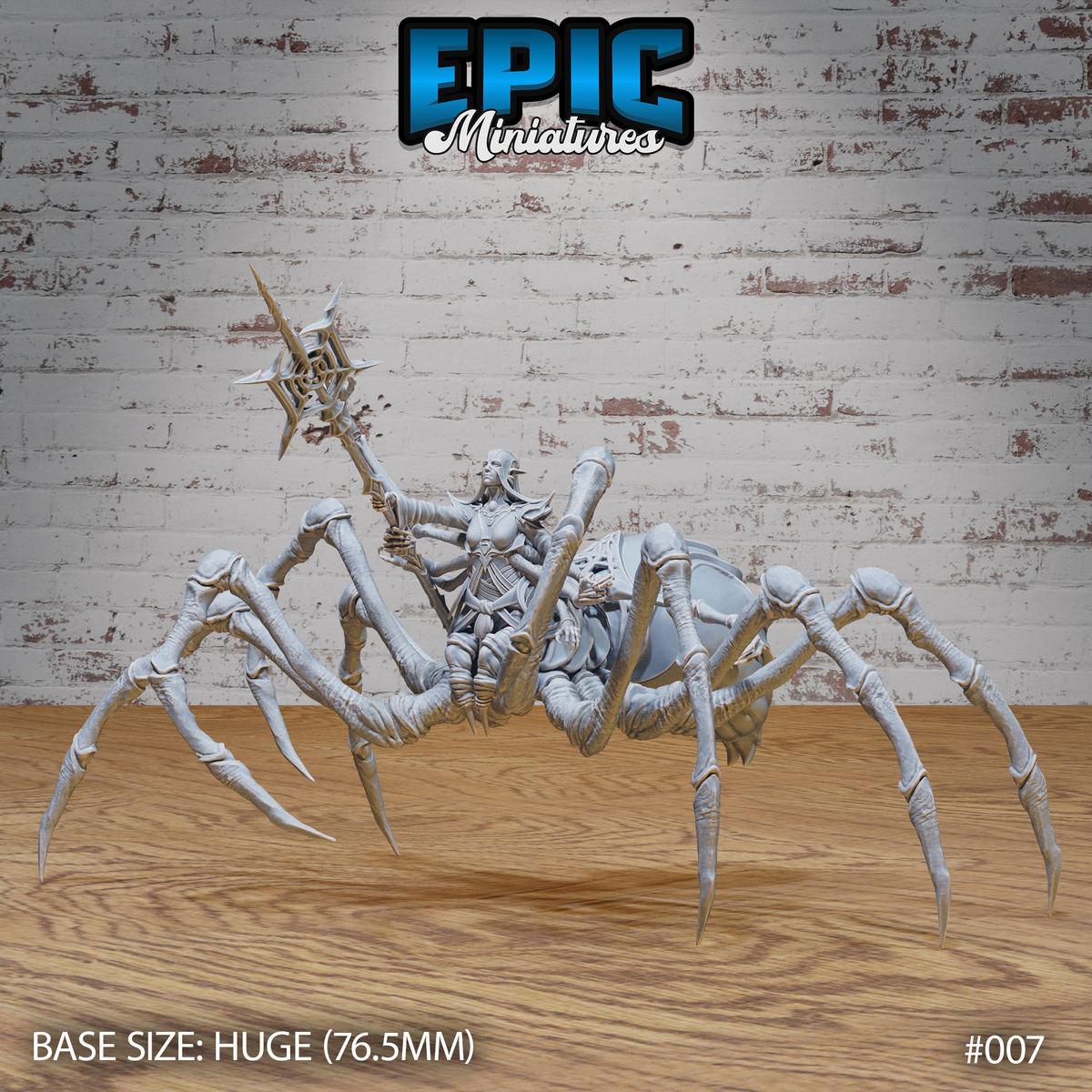 Spider Elf Goddess by Epic Miniatures — elven figure with open mouth and raised arm wielding a spiked, web-etched staff, torso emerging from a broad eight-legged spider body with splayed talon-tipped legs.