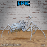 Spider Elf Goddess by Epic Miniatures — rear view showing the wide armoured spider abdomen, long segmented legs ending in sharp claws, and the raised staff with web-motif head held aloft mid-ritual.