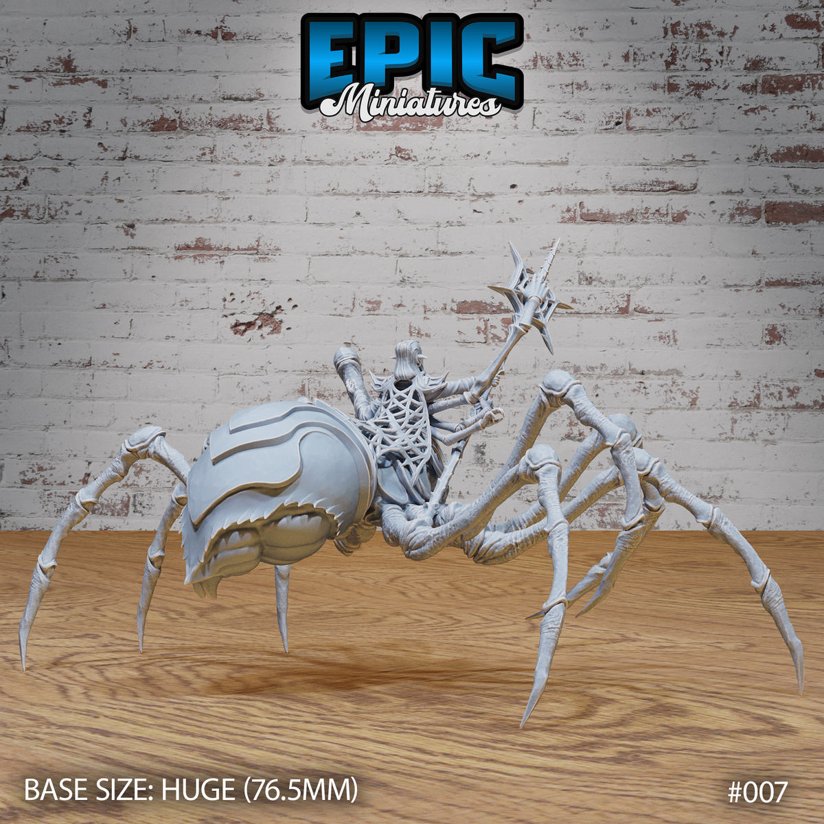 Spider Elf Goddess by Epic Miniatures — rear view showing the wide armoured spider abdomen, long segmented legs ending in sharp claws, and the raised staff with web-motif head held aloft mid-ritual.