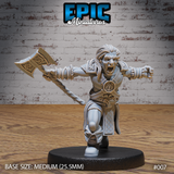 Broad-shouldered barbarian mid-charge, mouth open in a battle roar, swinging an engraved axe in his right hand while lunging forward with one knee raised. Wearing a layered coat, quilted skirt, rope-bound bracers, and a large chest medallion. Sculpt by Epic Miniatures.