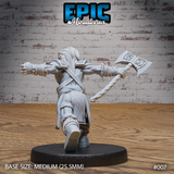 Barbarian figure seen from behind, hair streaming back, right arm extended holding an engraved axe with a rope-wrapped haft, left arm punching forward. Layered coat with a quilted diamond-pattern lower section and rope-bound bracers visible on both arms. Sculpt by Epic Miniatures.