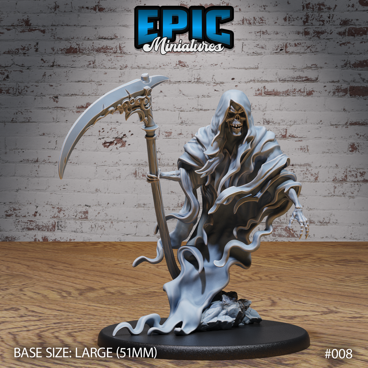 Ancient Wraith miniature by Epic Miniatures — hooded skeletal figure with grinning skull face, clutching a tall ornate scythe, robes dissolving into ethereal tendrils above a rubble scatter base.