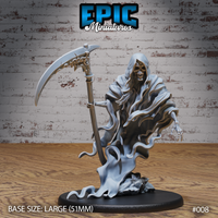 Ancient Wraith miniature by Epic Miniatures — hooded skeletal figure with grinning skull face, clutching a tall ornate scythe, robes dissolving into ethereal tendrils above a rubble scatter base.