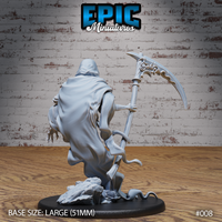 Ancient Wraith miniature by Epic Miniatures seen from behind — hooded robes sweeping dramatically, ornate filigree scythe raised overhead, skeletal clawed hand extended, mounted on a large rubble base.