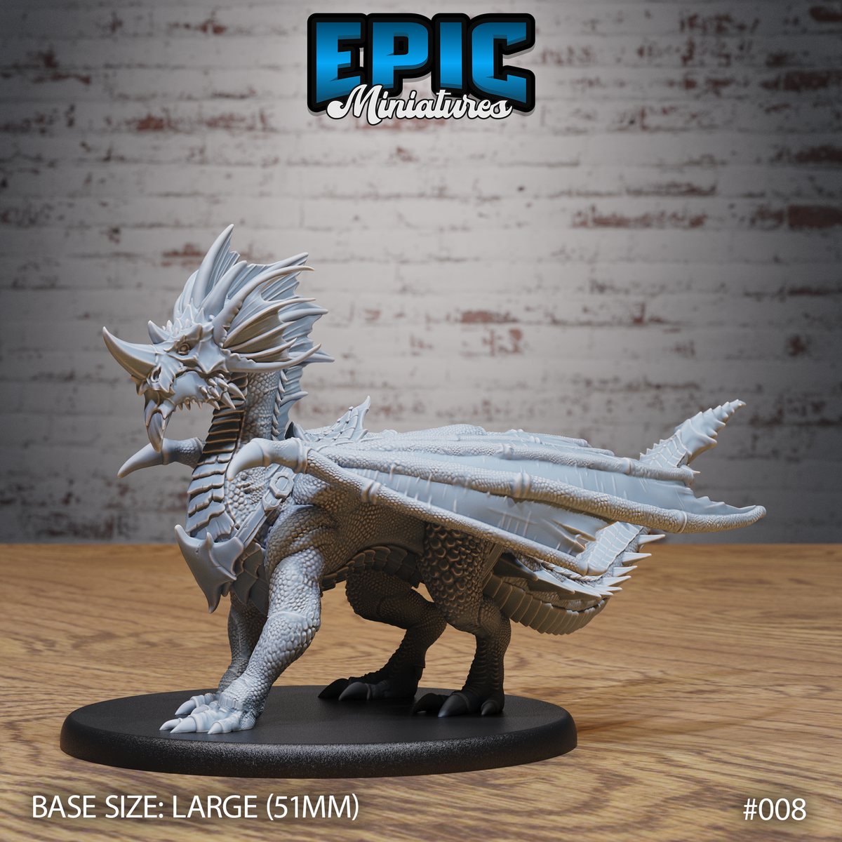 Young blue dragon crouching low with jaws agape, large swept wings folded back, elaborate spine crest raised along the skull and neck, clawed feet splayed wide. Sculpt by Epic Miniatures.