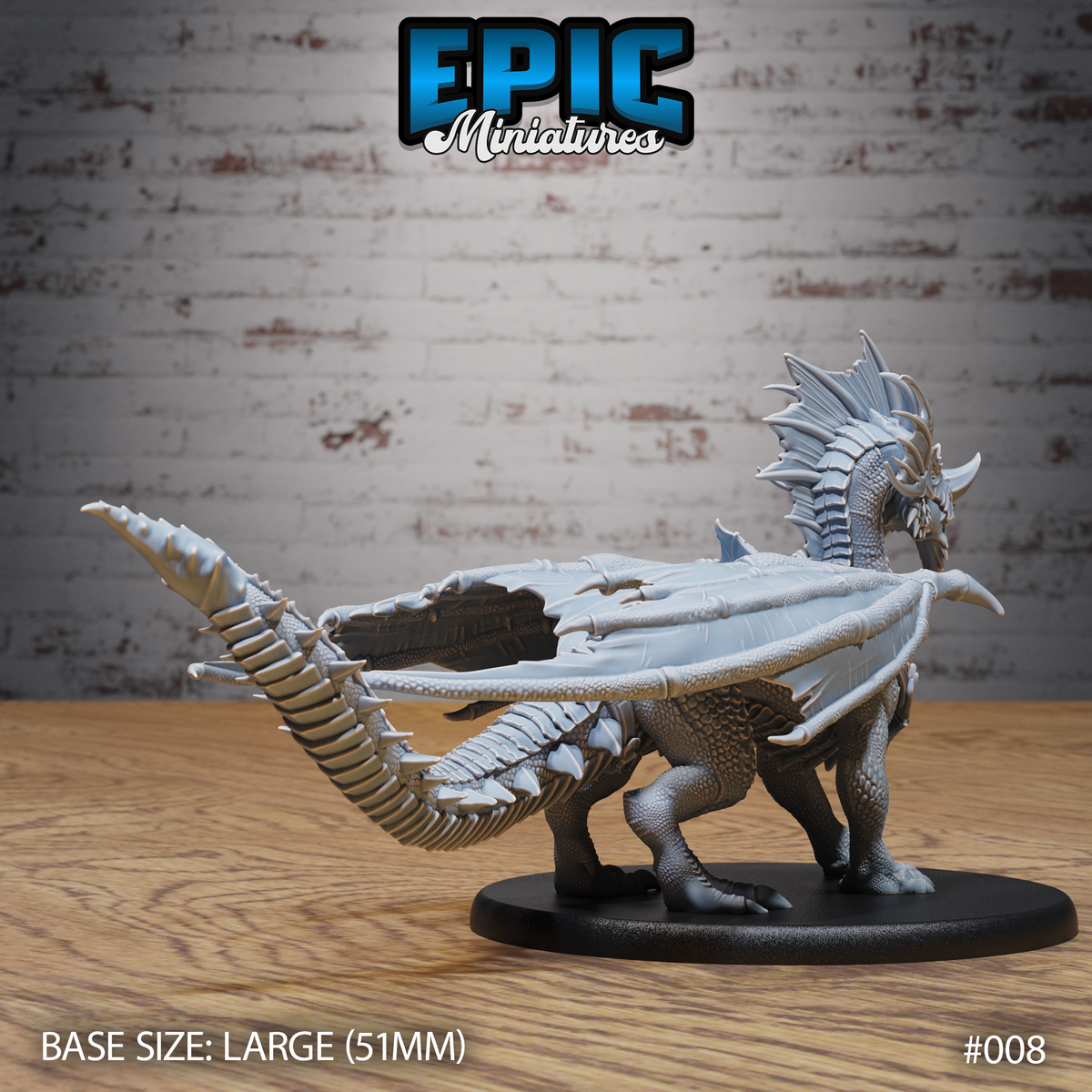 Young blue dragon standing with neck arched and serrated tail extended horizontally, ribbed underside of wings visible, layered scale texture covering the body and limbs. Sculpt by Epic Miniatures.