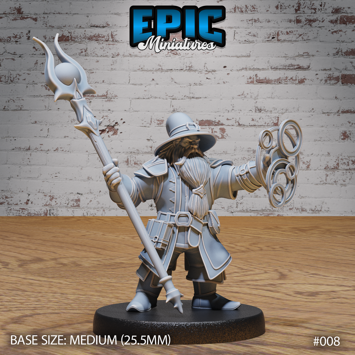 Stocky dwarf wizard raising an ornate flame-topped staff in one hand, conjuring interlocking arcane rings with the other, wearing layered armour, a broad hat, and a heavy robe. Sculpt by Epic Miniatures.