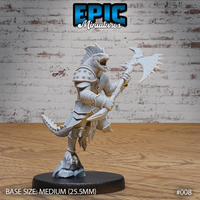 Lizardfolk warrior in articulated scale-and-plate armour, jaws wide in a roar, gripping a toothed axe at mid-swing with one knee raised. Studded collar, tall dorsal fin, thick spined tail. Sculpt by Epic Miniatures.