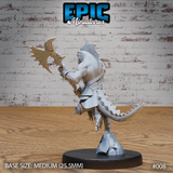 Lizardfolk warrior in spiked plate armour, body arched back, swinging a broad serrated axe overhead. Spined dorsal ridge, heavy tail sweeping low, clawed feet on a rocky base. Sculpt by Epic Miniatures.