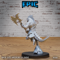 Lizardfolk warrior in spiked plate armour, body arched back, swinging a broad serrated axe overhead. Spined dorsal ridge, heavy tail sweeping low, clawed feet on a rocky base. Sculpt by Epic Miniatures.
