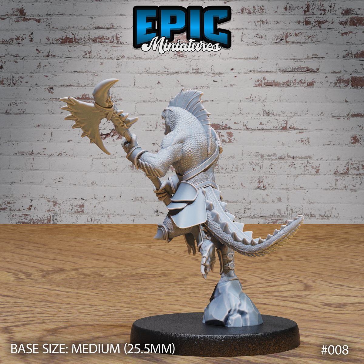 Lizardfolk warrior in spiked plate armour, body arched back, swinging a broad serrated axe overhead. Spined dorsal ridge, heavy tail sweeping low, clawed feet on a rocky base. Sculpt by Epic Miniatures.