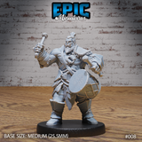 Muscular orc warrior striding forward, mace raised in one hand and round shield in the other, wearing a mohawk, braided beard, fur skirt, rope necklace, and a drum at his hip. Sculpt by Epic Miniatures.