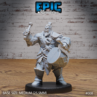 Muscular orc warrior striding forward, mace raised in one hand and round shield in the other, wearing a mohawk, braided beard, fur skirt, rope necklace, and a drum at his hip. Sculpt by Epic Miniatures.