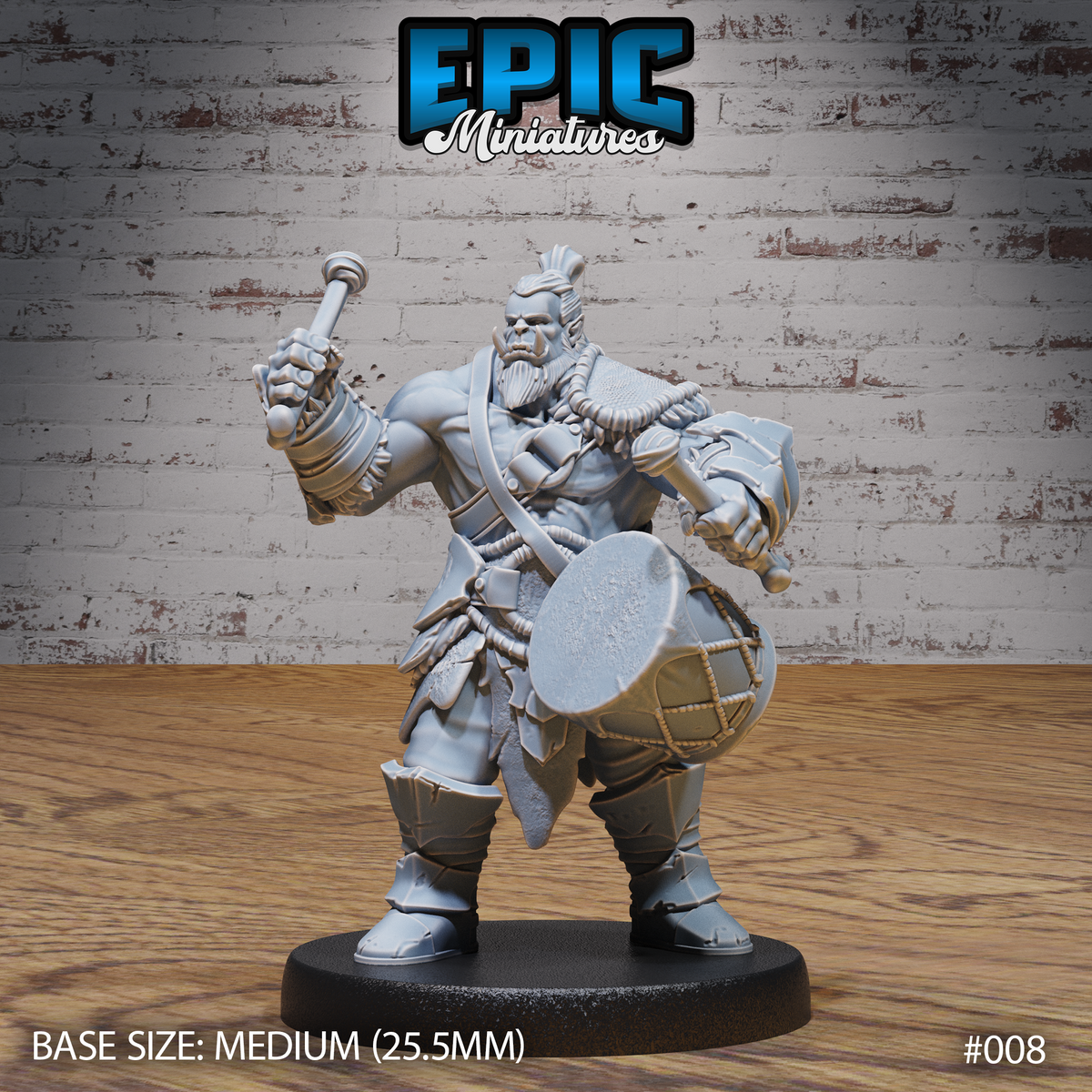 Muscular orc warrior striding forward, mace raised in one hand and round shield in the other, wearing a mohawk, braided beard, fur skirt, rope necklace, and a drum at his hip. Sculpt by Epic Miniatures.