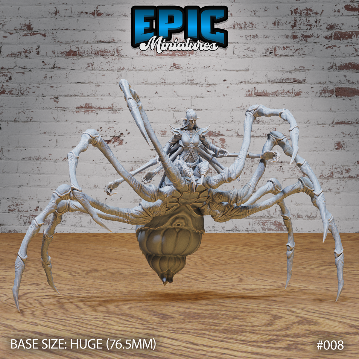 Armoured drow elf goddess torso rising from a huge spider body, eight long segmented legs spread wide, multiple arms outstretched, ornate shoulder pauldrons, on a 76.5mm base. Sculpt by Epic Miniatures.