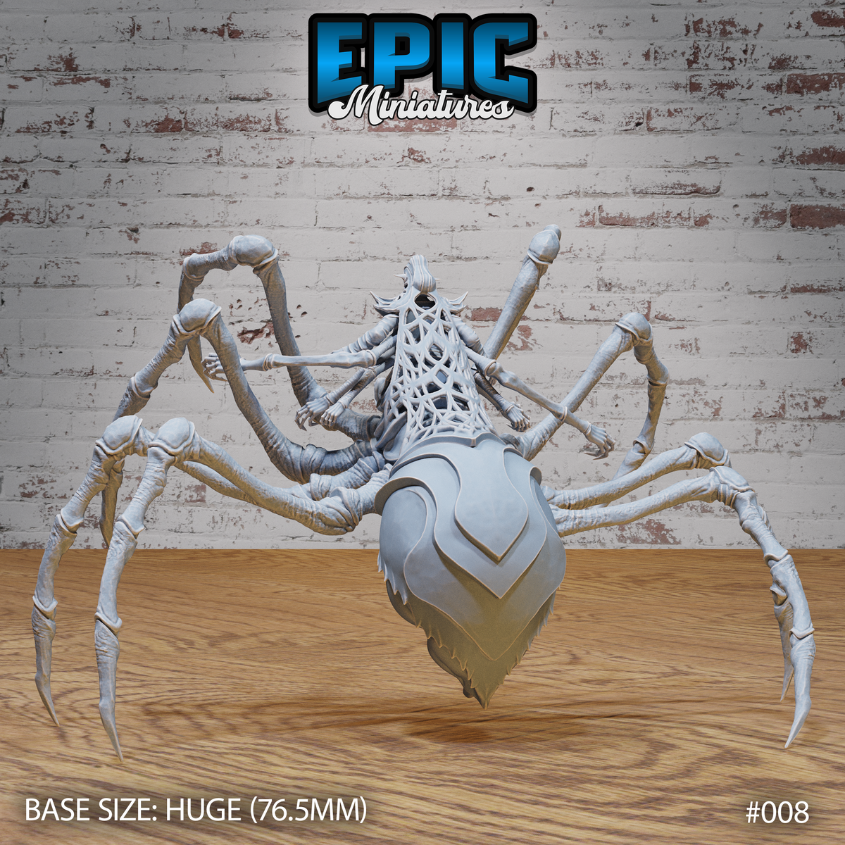 Rear of a huge spider elf goddess sculpt showing a delicate web design across the thorax and ornate panelled abdomen, eight articulated legs visible, intricate chitin texturing throughout. Sculpt by Epic Miniatures.